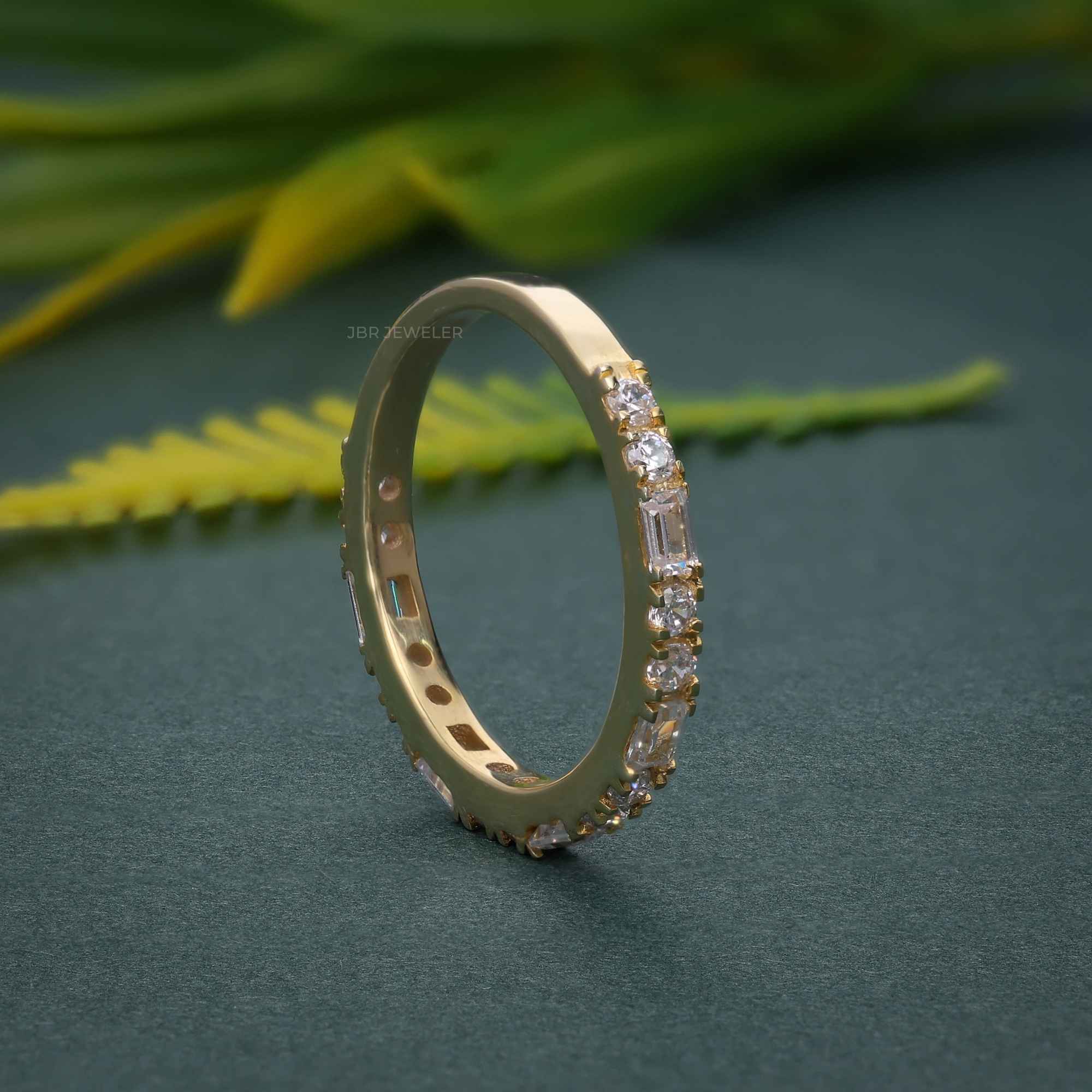 14k gold round dainty lab grown diamond wedding band, full product view showing fine craftsmanship
