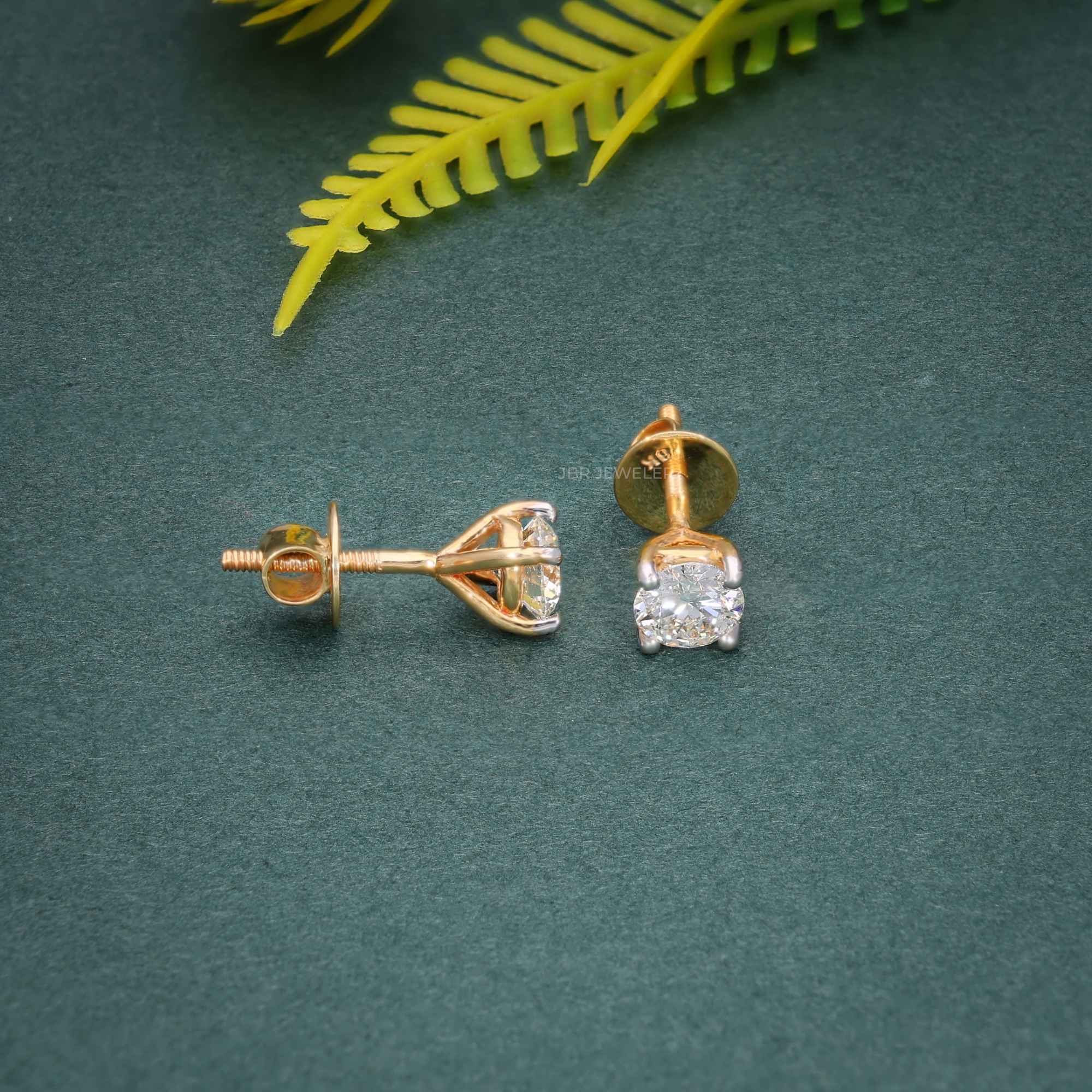 14k gold round prong-set lab grown diamond stud earrings, front view showing fine craftsmanship