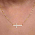 14k gold cross lab grown diamond pendant necklace, detailed close-up showing fine craftsmanship with brilliant sparkle