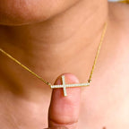 14k gold cross lab grown diamond pendant necklace, side profile view showing fine craftsmanship with brilliant sparkle