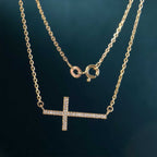 14k gold cross lab grown diamond pendant necklace, styled on model showing fine craftsmanship with brilliant sparkle