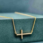 14k gold cross lab grown diamond pendant necklace, top angle view showing fine craftsmanship with brilliant sparkle