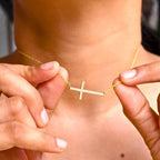 14k gold cross lab grown diamond pendant necklace, three-quarter view showing fine craftsmanship with brilliant sparkle