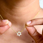 14k gold star lab grown diamond pendant necklace, macro detail view showing fine craftsmanship