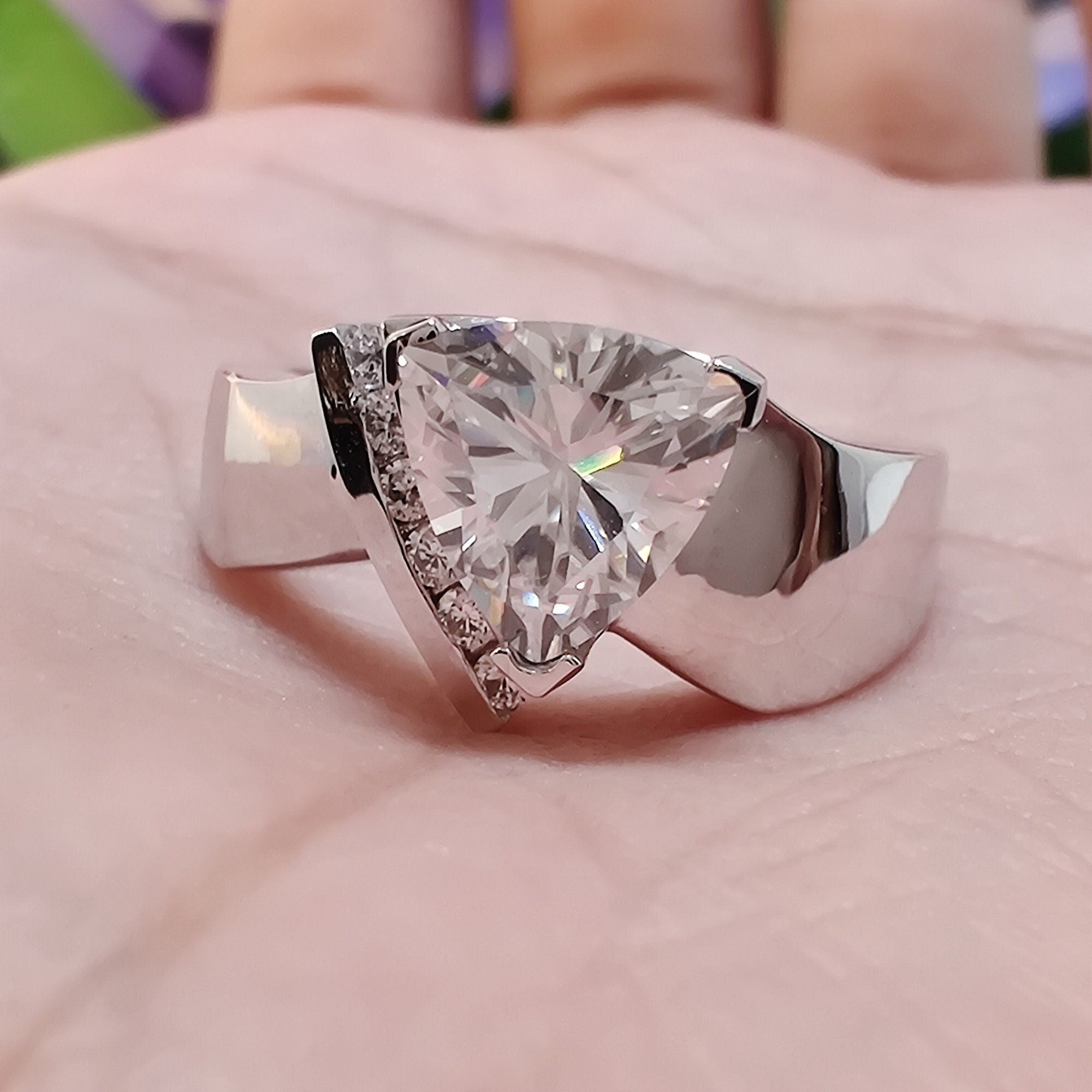 14k gold trillion art deco lab grown diamond engagement ring, detailed close-up showing fine craftsmanship
