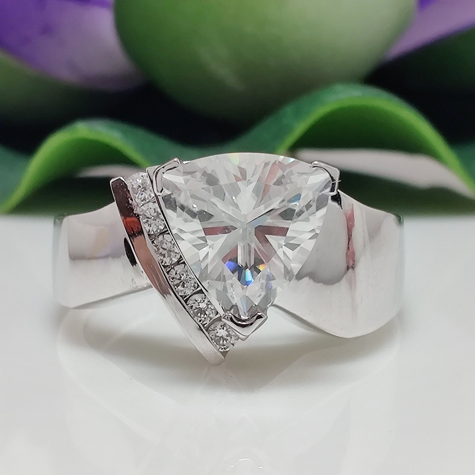 14k gold trillion art deco lab grown diamond engagement ring, side profile view showing fine craftsmanship