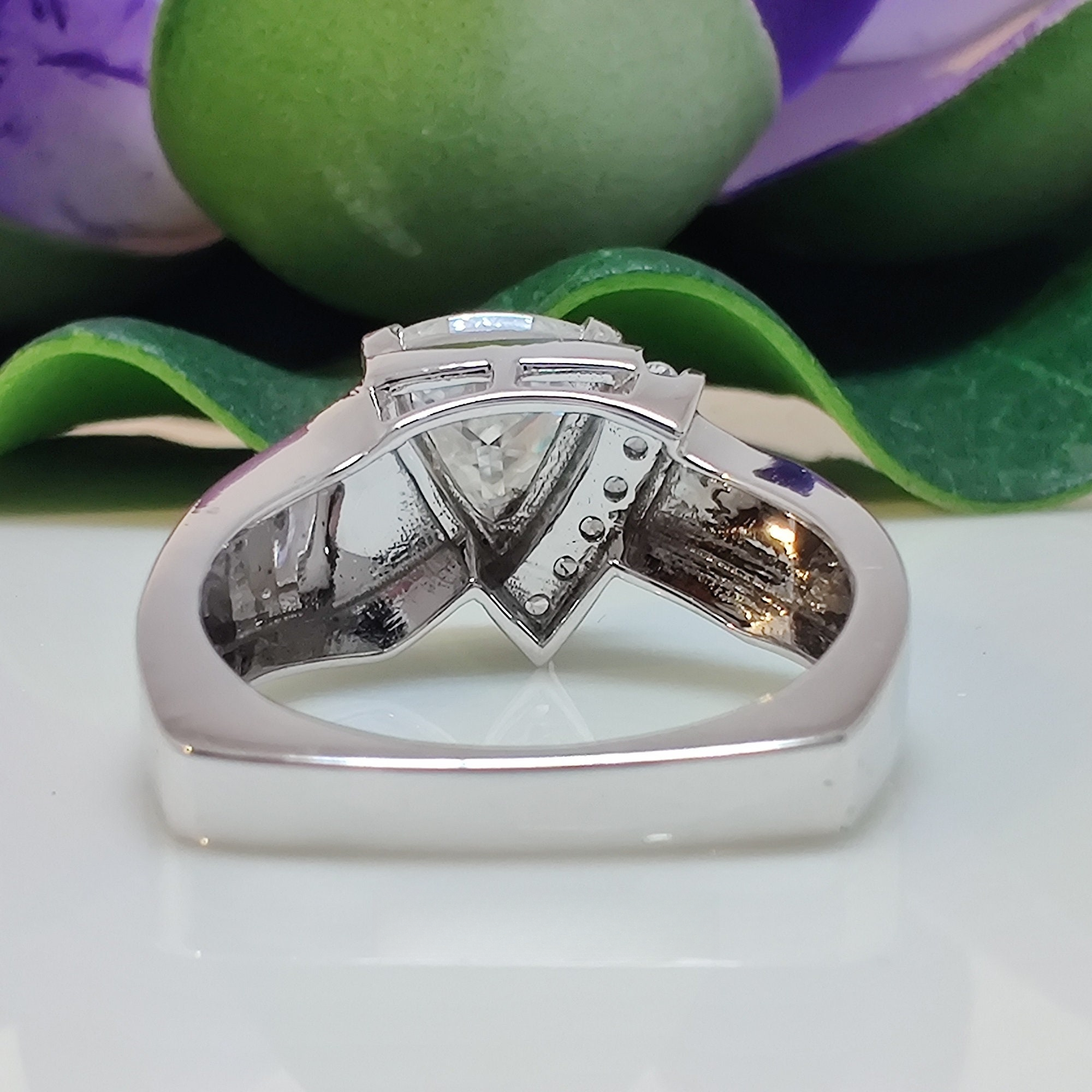 14k gold trillion art deco lab grown diamond engagement ring, styled on model showing fine craftsmanship