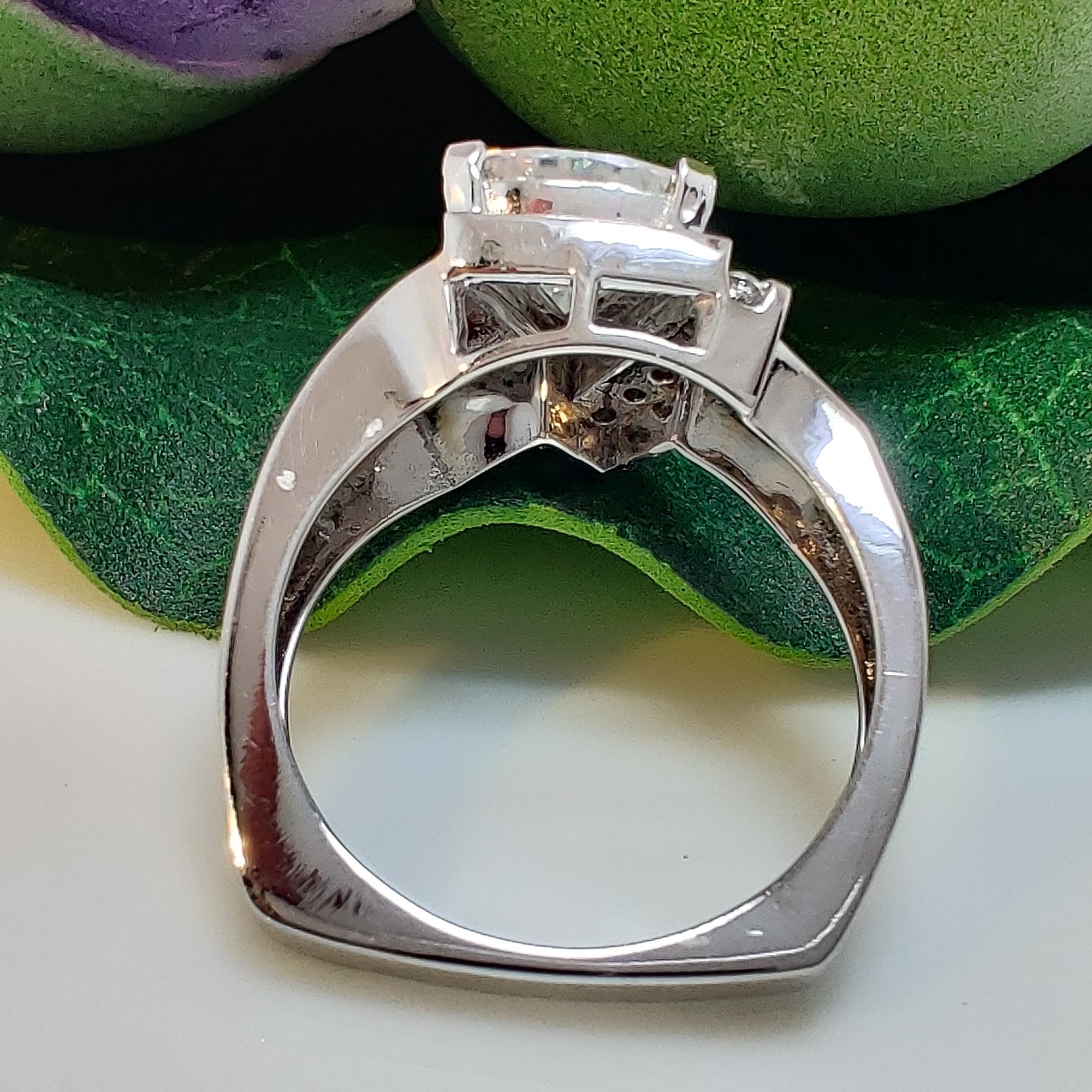 14k gold trillion art deco lab grown diamond engagement ring, top angle view showing fine craftsmanship