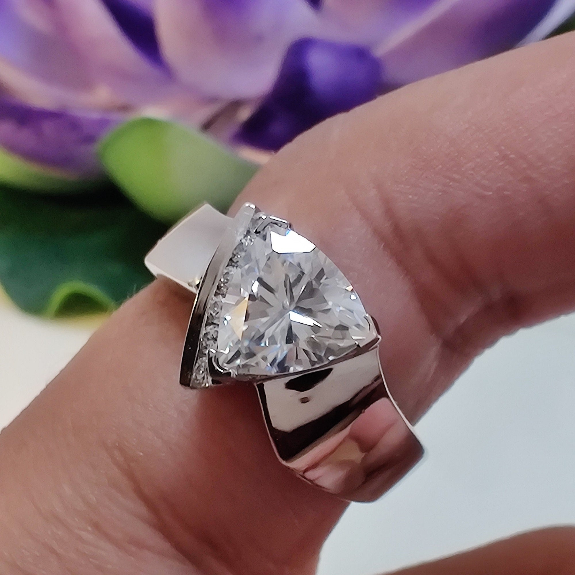 14k gold trillion art deco lab grown diamond engagement ring, macro detail view showing fine craftsmanship