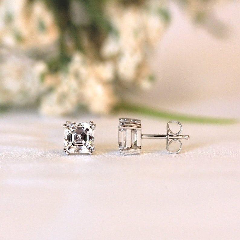 14k gold asscher screw back lab grown diamond stud earrings, front view showing fine craftsmanship