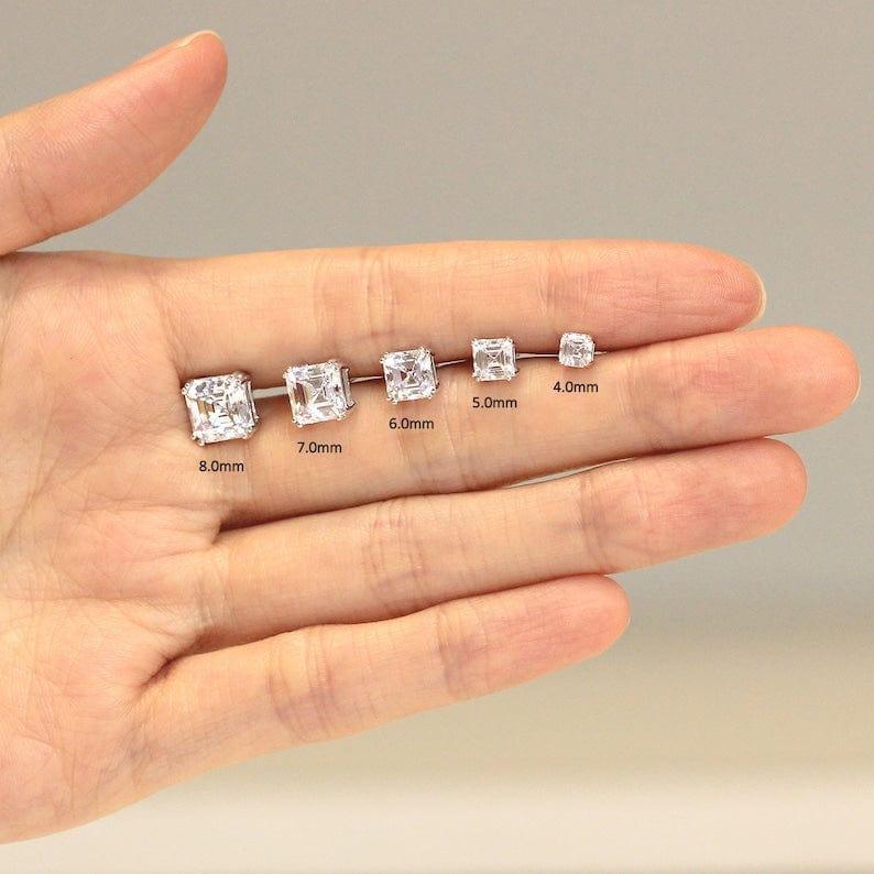 14k gold asscher screw back lab grown diamond stud earrings, side profile view showing fine craftsmanship