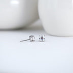 14k gold asscher screw back lab grown diamond stud earrings, styled on model showing fine craftsmanship