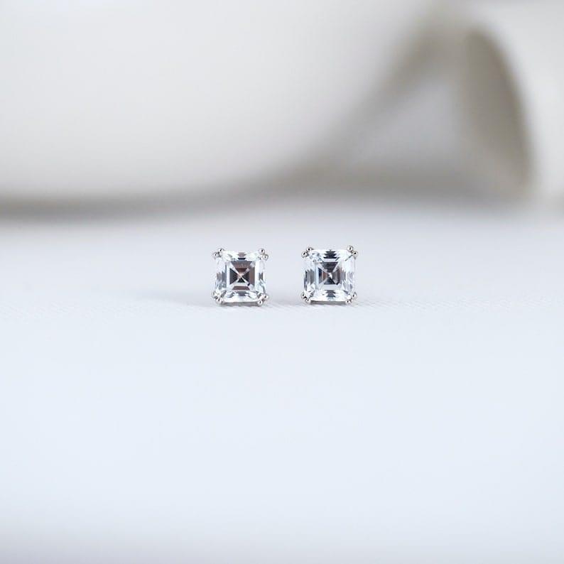 14k gold asscher screw back lab grown diamond stud earrings, top angle view showing fine craftsmanship