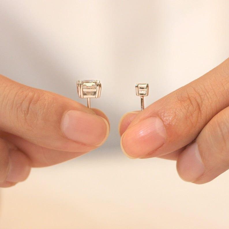 14k gold asscher screw back lab grown diamond stud earrings, sparkle detail shot showing fine craftsmanship