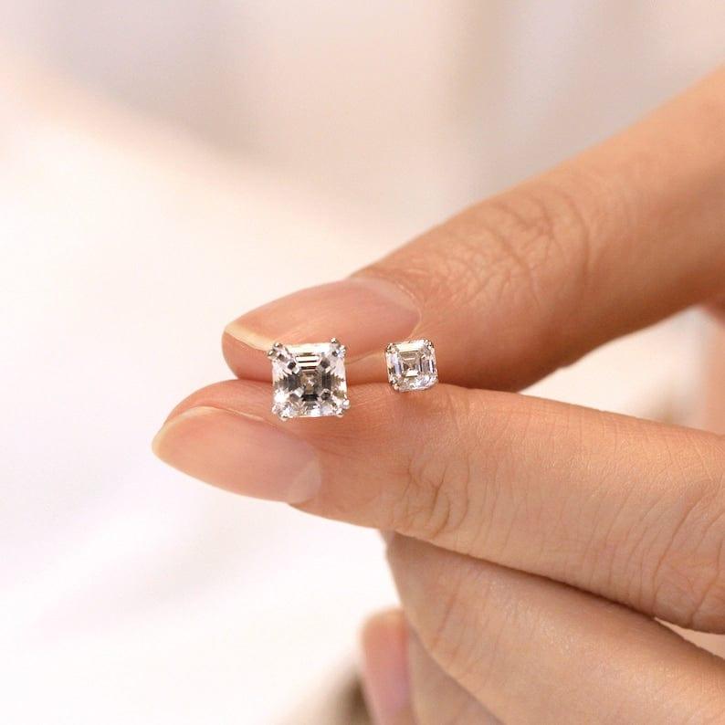 14k gold asscher screw back lab grown diamond stud earrings, three-quarter view showing fine craftsmanship