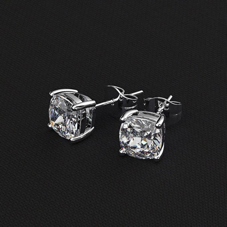 14k gold cushion screw back lab grown diamond stud earrings, styled on model showing fine craftsmanship