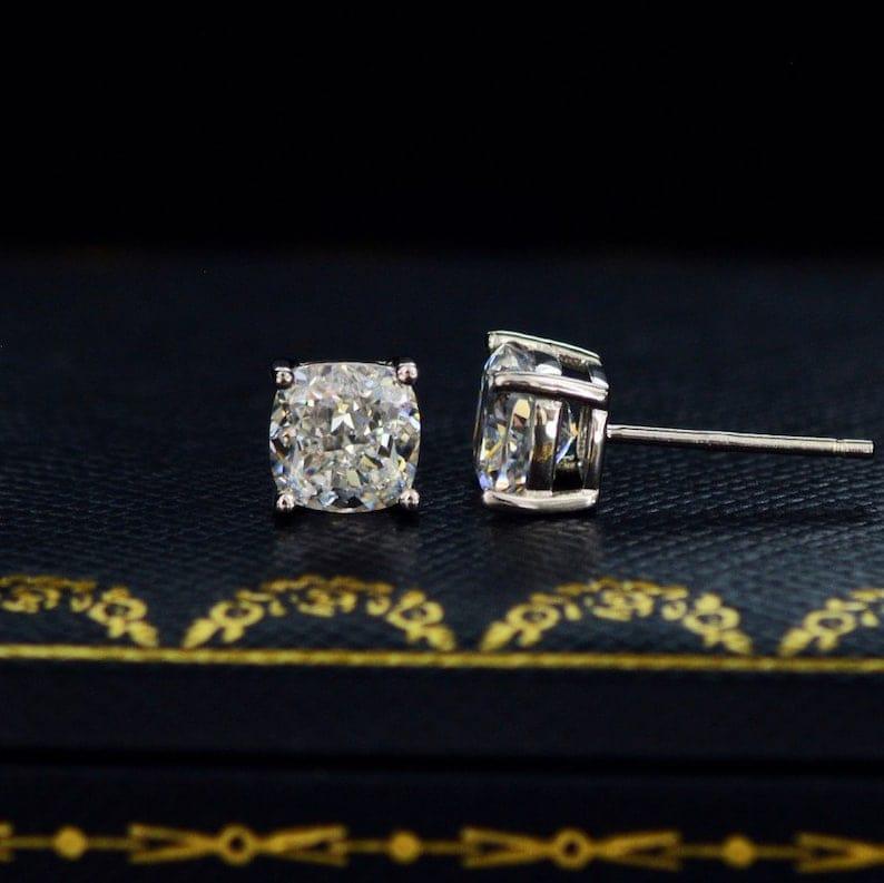 14k gold cushion screw back lab grown diamond stud earrings, top angle view showing fine craftsmanship