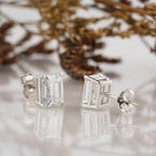 14k gold emerald screw back lab grown diamond stud earrings, side profile view showing fine craftsmanship