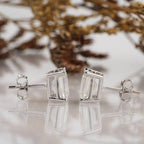 14k gold emerald screw back lab grown diamond stud earrings, styled on model showing fine craftsmanship