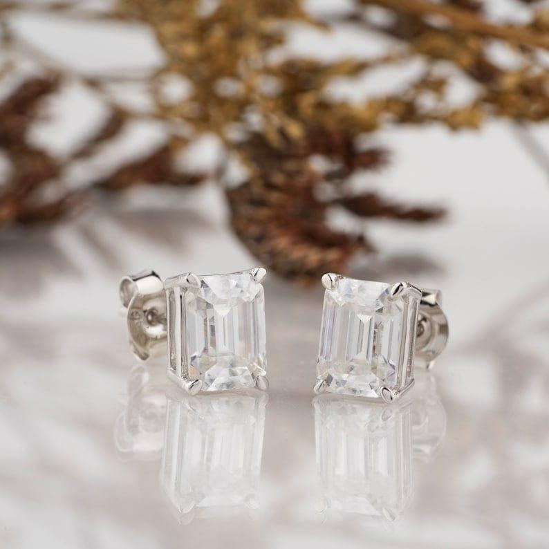 14k gold emerald screw back lab grown diamond stud earrings, top angle view showing fine craftsmanship