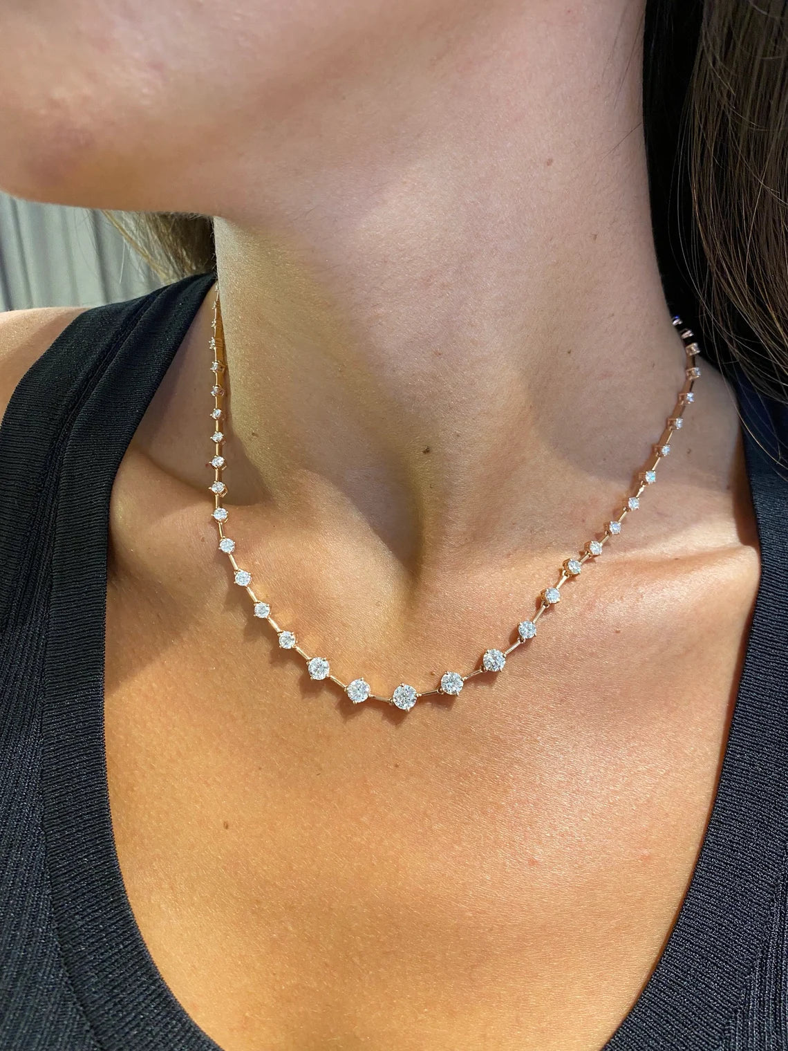 14k rose gold round tennis lab grown diamond necklace, front view showing fine craftsmanship