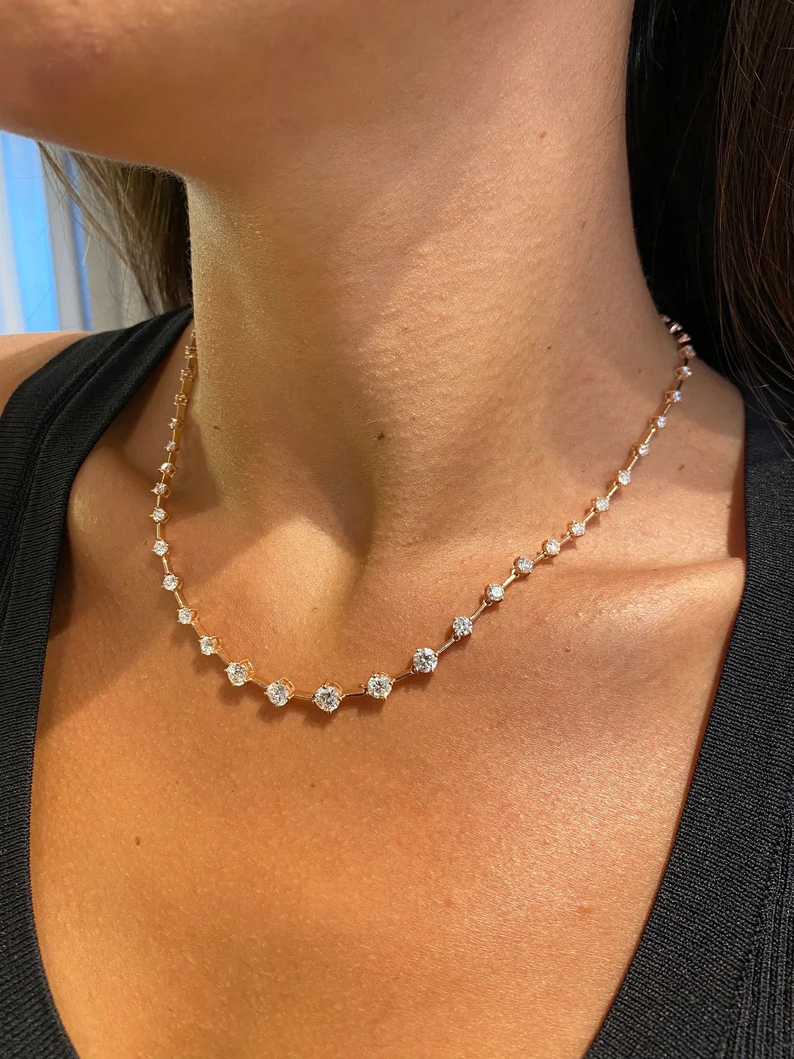 14k rose gold round tennis lab grown diamond necklace, detailed close-up showing fine craftsmanship