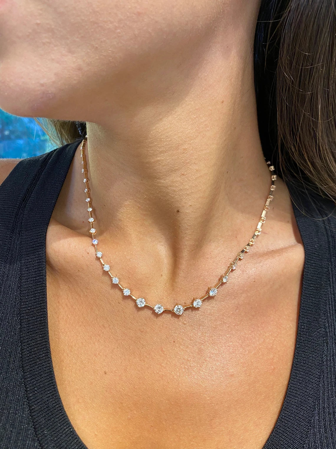 14k rose gold round tennis lab grown diamond necklace, side profile view showing fine craftsmanship