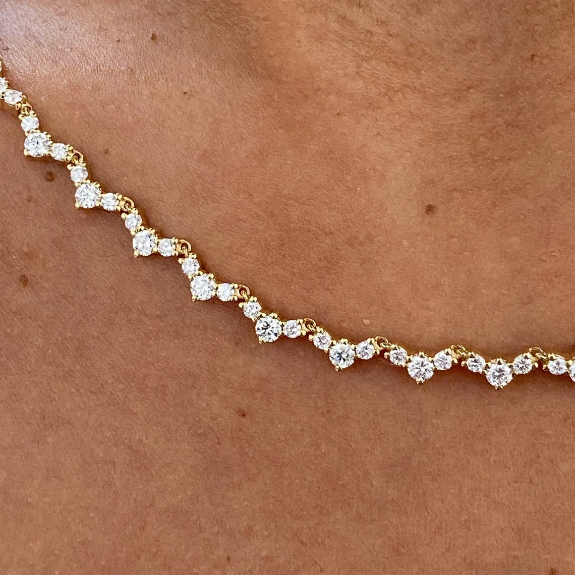 14k yellow gold round pave-set lab grown diamond necklace, detailed close-up showing fine craftsmanship