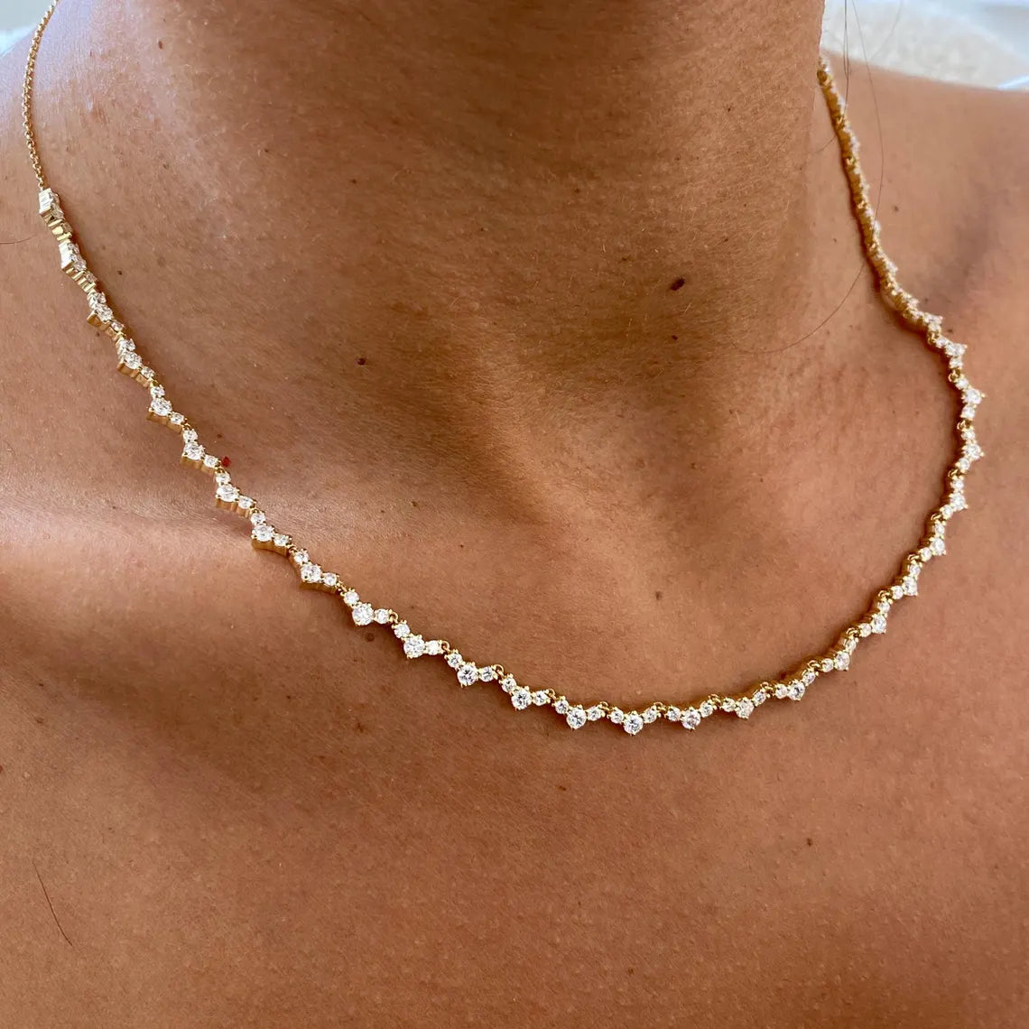 14k yellow gold round pave-set lab grown diamond necklace, side profile view showing fine craftsmanship