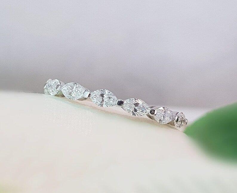 14k gold marquise stackable lab grown diamond eternity band, front view showing fine craftsmanship