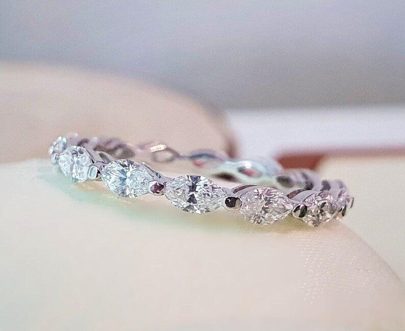 14k gold marquise stackable lab grown diamond eternity band, detailed close-up showing fine craftsmanship
