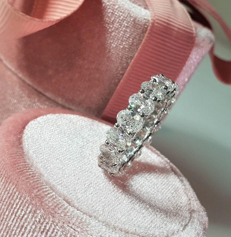 14k gold oval lab grown diamond eternity band, side profile view showing fine craftsmanship