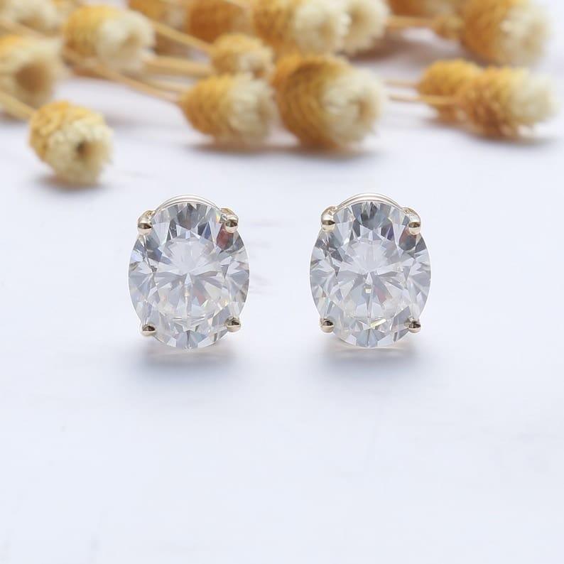 14k gold oval screw back lab grown diamond stud earrings, front view showing fine craftsmanship