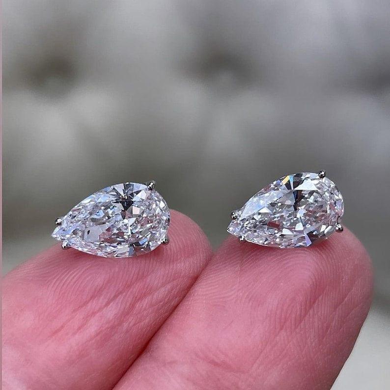 14k gold pear screw back lab grown diamond stud earrings, side profile view showing fine craftsmanship