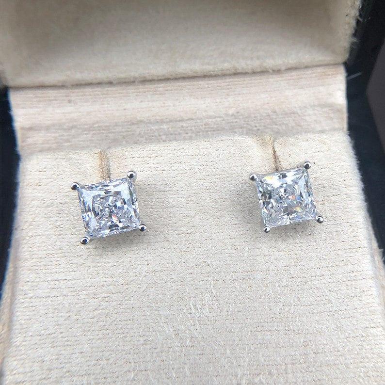 14k gold princess screw back lab grown diamond stud earrings, detailed close-up showing fine craftsmanship