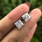 14k gold princess screw back lab grown diamond stud earrings, styled on model showing fine craftsmanship