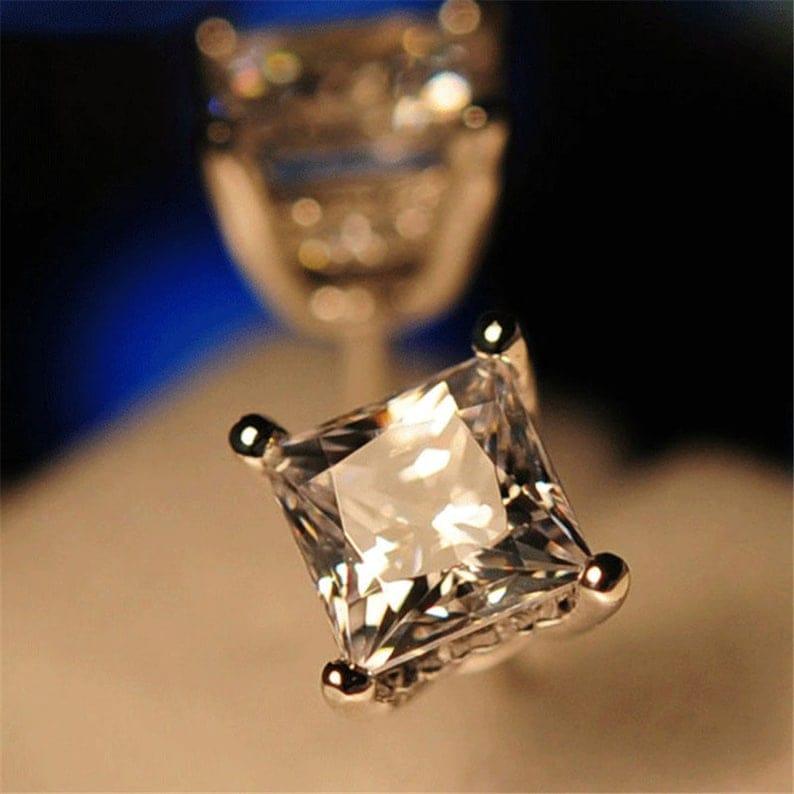 14k gold princess screw back lab grown diamond stud earrings, three-quarter view showing fine craftsmanship