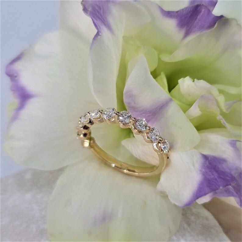 14k gold round lab grown diamond eternity band, side profile view showing fine craftsmanship