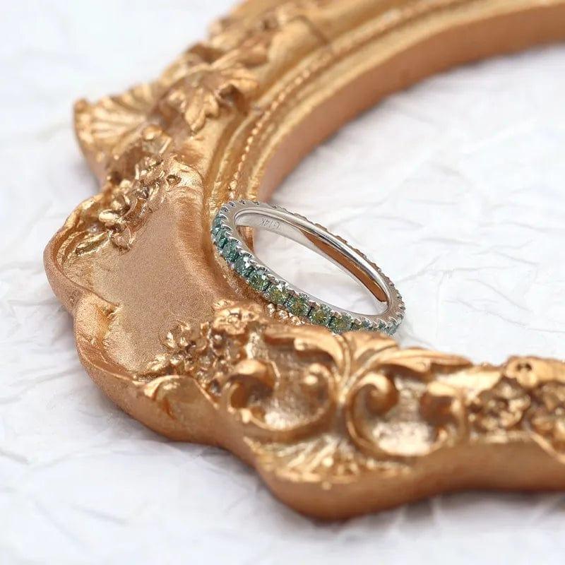 14k gold round stackable lab grown diamond wedding band, styled on model showing fine craftsmanship