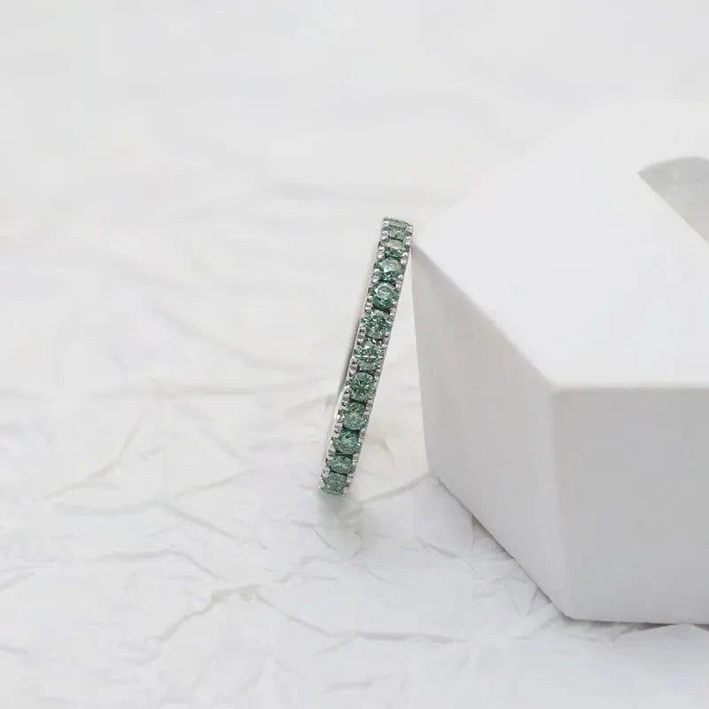 14k gold round stackable lab grown diamond wedding band, top angle view showing fine craftsmanship