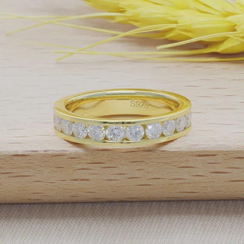 14k gold round channel-set lab grown diamond wedding band, front view showing fine craftsmanship