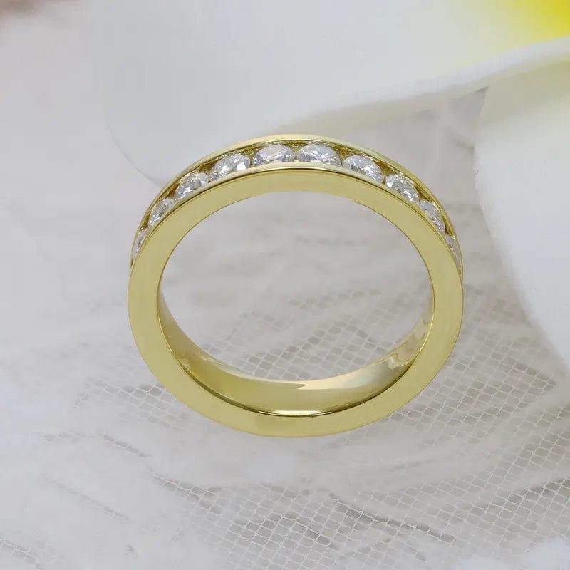 14k gold round channel-set lab grown diamond wedding band, styled on model showing fine craftsmanship