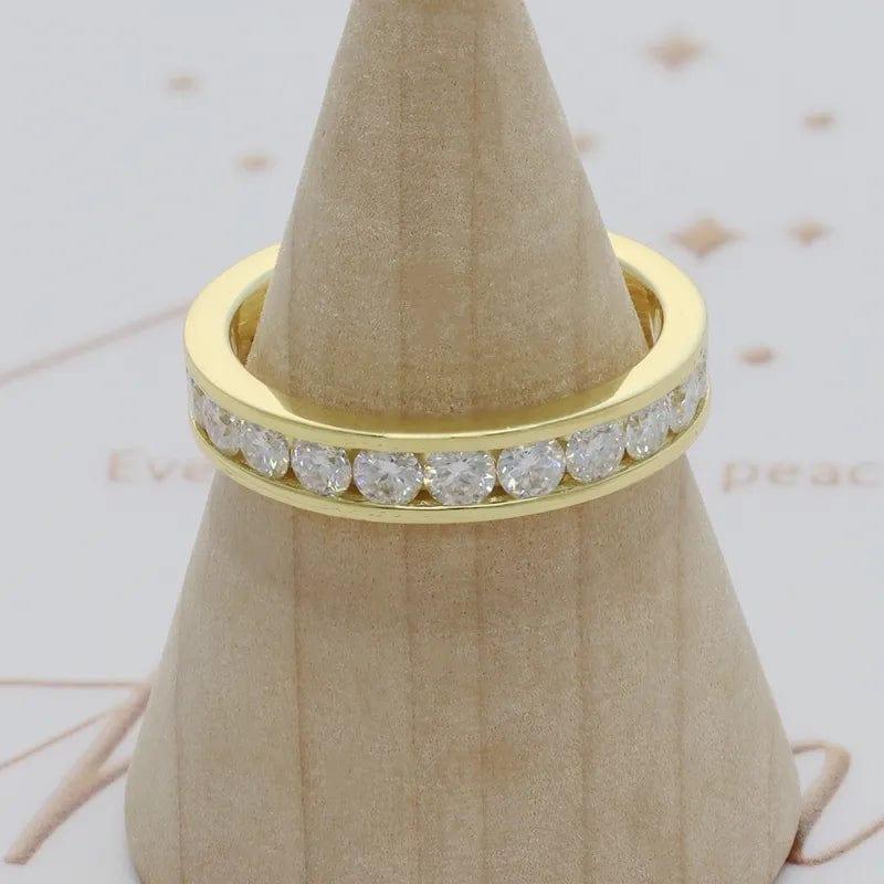 14k gold round channel-set lab grown diamond wedding band, sparkle detail shot showing fine craftsmanship
