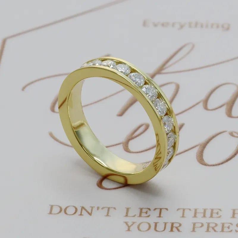 14k gold round channel-set lab grown diamond wedding band, three-quarter view showing fine craftsmanship