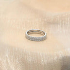 14k gold round lab grown diamond wedding band, top angle view showing fine craftsmanship and a polished finish