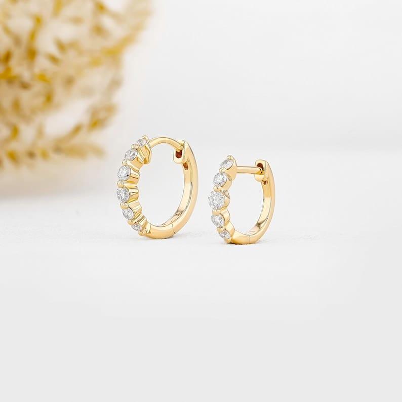 14k gold round lab grown diamond hoop earrings, side profile view showing fine craftsmanship