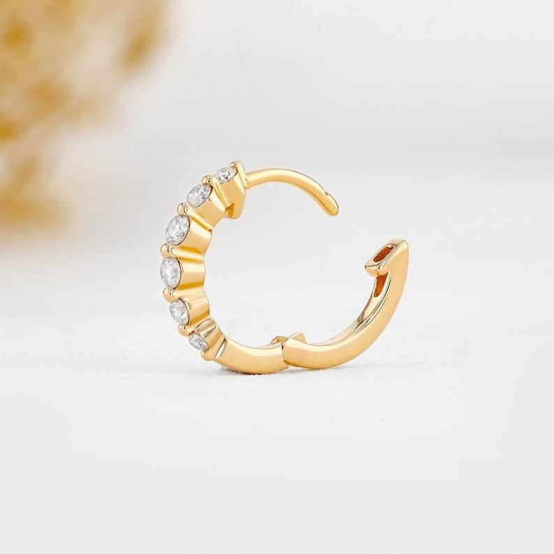14k gold round lab grown diamond hoop earrings, three-quarter view showing fine craftsmanship