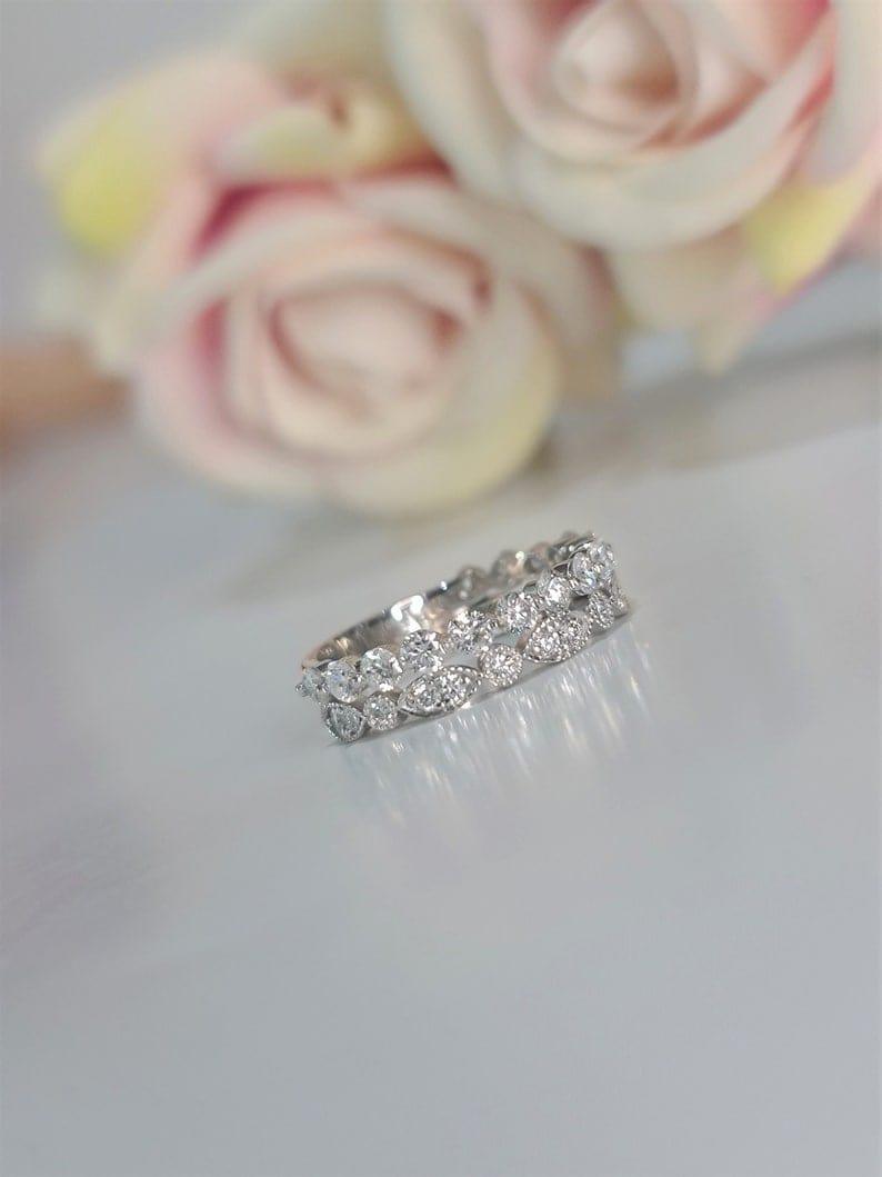 14k gold round stackable lab grown diamond eternity band, side profile view showing fine craftsmanship