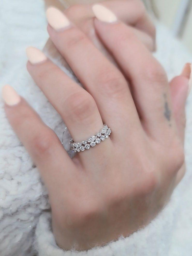 14k gold round stackable lab grown diamond eternity band, macro detail view showing fine craftsmanship