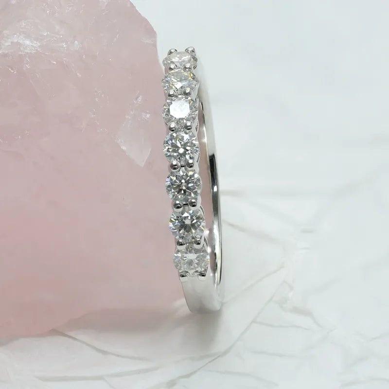 14k gold round stackable lab grown diamond wedding band, side profile view showing fine craftsmanship with brilliant sparkle